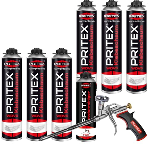 PRITEX - WDVS Klebeschaum Set 6 x 750 ml inkl. Schaumpistole und Pistolenreiniger zum Isolieren, Fixieren & Befestigen – Bauschaum Dämmstoffkleber mit sehr guter Haftung