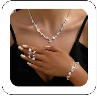 Reaky Brautschmuck-Set mit Strass-Halskette, 4-teilig, silberfarben, Braut-Halsketten, Schmuck, Hochzeits-Accessoires für Frauen (Silver)