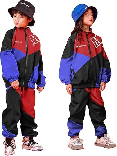 LOLANTA Boys Color Block Jacket Pants Set, Stylish Street Hip Hop Dance Costume, Street Dance Outfit,10-11 Years,Red,150