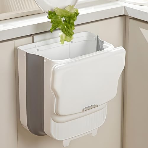 KEAIDUO 10L Hanging Kitchen Bin with Lid - Foldable Cabinet Door Trash Can for Under Sink, Wall Mounted Compost Caddy - Space Saving Collapsible Waste Bin (White)