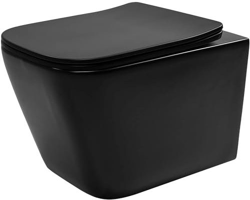VBChome Hänge-WC Spülrandloses aus Keramik mit Toilettendeckel WC-Sitz aus Duroplast Absenkautomatik Rimless SoftClose-Funktion Tiefspüler Toilette Schwarz Rechteckige Form Wand WC