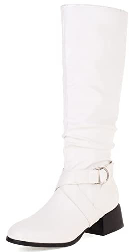 Diuniarza Donna Punta Rotonda Knee High Stivali con Imbracatura Warm Tacco Medio Stivali da Equitazione Block Stivali Casuale Lavoro Bianco Numero 39 EU/40 Asiatico