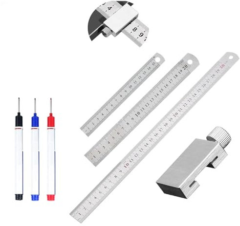 Edelstahl Lineal, Metalllineal mit Metallanschlag mit 2 doppelseitige skalierte Stahllineale und 3 Markierstifte für die Holzbearbeitung, Linealanschlag Streichmass für Lehre Büro Zeichnen Engineering