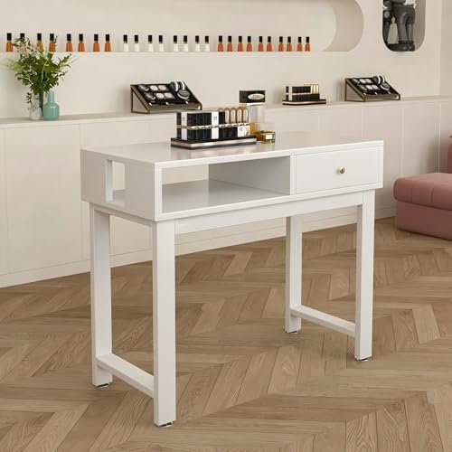 LAITEGOG Mesa de Manicura,Mesa de Manicura con Patas Metálicas,Cajones,Estación de Trabajo de Uñas de Madera para Salones de Belleza SPA(White-B,39IN)
