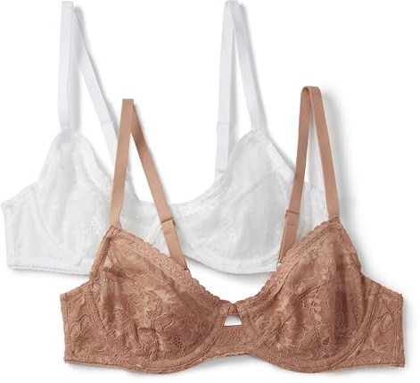 Amazon Essentials Reggiseno a Balconcino in Pizzo Elasticizzato Donna, Confezione da 2, Bianco/Bronzo Lavato, 1A