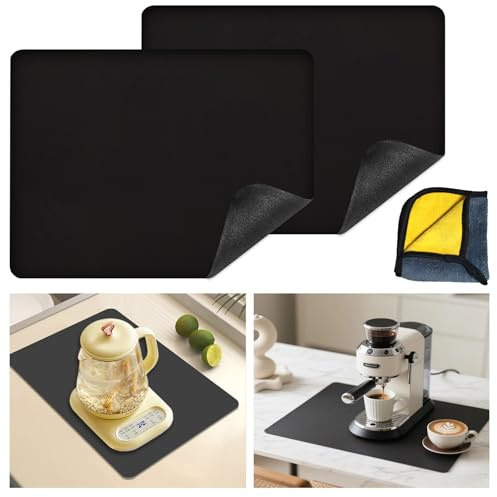 2Pcs Draining Mat, Kitchen Super Absorbent Draining Mat, Super Absorbent Kitchen Counter Mat, Coffee Machine Mat,Quick Dry Dish Drainer Mat, Anti Slip Drainer Mat for Kitchen Counter, Black, 50x40cm