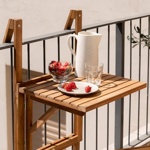 JJ. Mesa de balcón colgante plegable de madera Julie bandeja de 50 x 53 cm, ideal para 1 a 2 personas, ideal para espacios pequeños