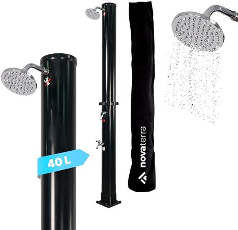 Dönges NovaTerra - Doccia solare nera con serbatoio da 40 l, doccia da giardino con soffione a pioggia, doccia a piedi, copertura protettiva e vassoio – Sistema doccia per giardino e campeggio