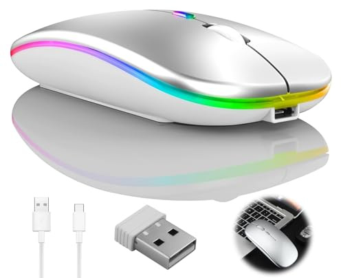 Uppladdningsbar trådlös Bluetooth-mus för Macbook, LED dubbla lägen mottagare USB 2,4 GHz och Bluetooth 5.2 och 1600 DPI, tyst knapp bärbar optisk mus för PC, bärbara datorer, Windows, Mac OS, iPad OS