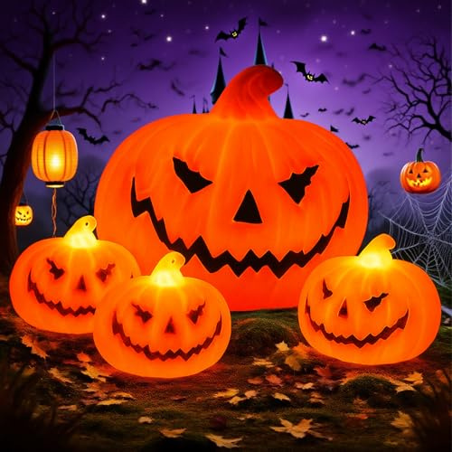 4 Stück Halloween Laterne,LED Kürbis Mit Licht,Halloween Deko Licht,Leuchtende Kürbislaterne,Laterne Outdoor mit LED für Herbstdeko,Tischdeko,Kürbis Deko Outdoor,Innen Außenlaterne Dekorationen