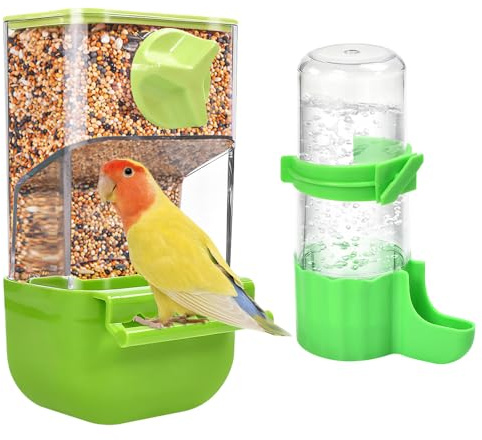 Vurixfo 2 Pack Automatic Bird Feeder Water Dispenser Set, Bird Cage Feeder with Perch Budgie Water Feeders No Mess Birds Cage Accessories for Cockatiel Finch Lovebirds Budgies Canary