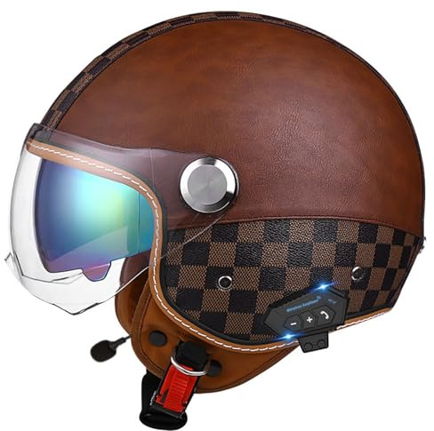 Casco Da Moto Jet Retrò Con Bluetooth, Casco Da Moto Vintage In Pelle 3/4 Con Doppia Visiera, Casco Da Ciclomotore Per Adulti, Certificato ECE, Caschi Per Uomo E Donna A4,M=54-57CM