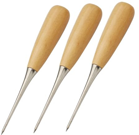 WOONEKY 3 Pezzi Punteruoli in Legno per Cucito Fai da Te da Punzoni Ergonomici per Artigianato in Pelle Strumenti Compatti e Resistenti per Riparazione Scarpe e Lavori Manuali