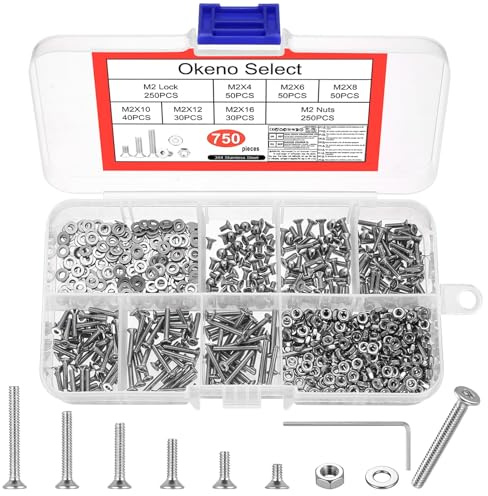 750 Stück M2 Schrauben Set, M2 Senkkopfschrauben Muttern Set, Innensechskant Flachkopfschrauben mit Muttern Sets, Edelstahl Innensechskantschrauben und Unterlegscheiben, Gewindeschrauben Sortiment