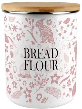 Purely Home Pink Rabbits Bread Flour Canister - Wildlife & Nature 2.7L Extra-Large Enamel Kitchen Storage Tin Baking Gifts
