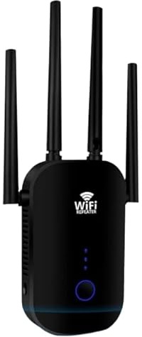 1200Mbps WiFi Booster Repeater Dual Band 2.4G 5G Extender, 4 External 3dBi Antennas, 2 LAN Ports, High Speed Signal Amplifier, UK Plug Black