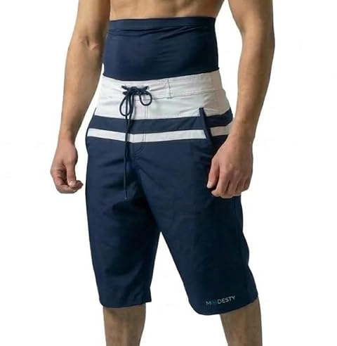 Modesty - Short de Bain Homme Musulman L Bleu - Blanc | Maillot de Piscine, Sarouel,Islamique, awrah, Natation, Plage, Surf, Sport.