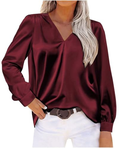 RLEHJN Chemise Satin Femme Manches Longues Blouse Femme Chic Et Élégant Satin Haut Décontracté Col En V Chemisier Couleur Uni De Travail Chemise Couleur Unie Ample Pour Soiree Bureau Business Fête