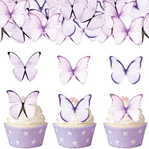 ENLACE Essbare Schmetterlinge Tortendeko,48 Stück Esspapier Schmetterlinge Deko Torte Lila,Schmetterling Cupcake Topper,Schmetterling Muffin Deko Essbar,Essbare Tortendeko Mädchen Geburtstag Hochzeit