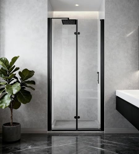 Bifold Shower Door 34 W x 72 H,1/4(6mm) Tempered Glass Foldable Frameless Swing Pivot Shower Door,Adjustable Bathroom Fold Door for Shower Room,Matte Black Stainless Steel Handle