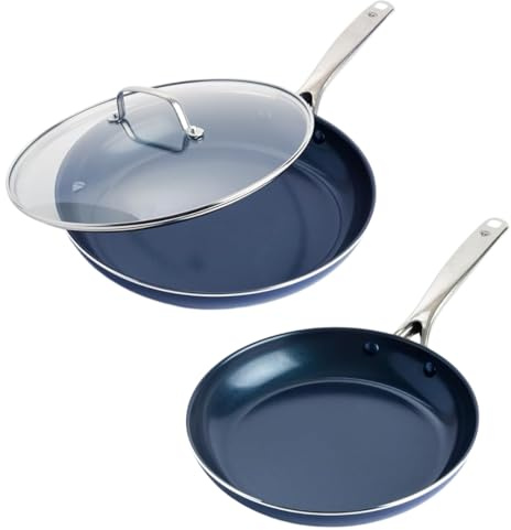 Blue Diamond 3-Piece Ceramic Non-Stick Pan Set – Diamond Infused Frying Pans with Glass Lid – Durable Non-Toxic Aluminium Cookware – Oven & Dishwasher Safe | 24cm & 28cm