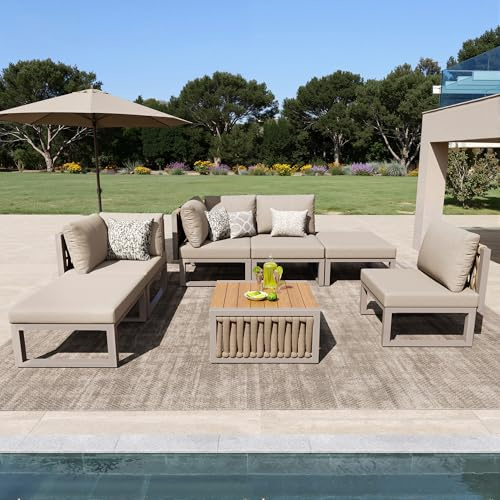 DRIXNO Gartenmöbel Set für 6 Personen, Gartenlounge-Set mit Hochwertigen Sitzkissen und Rückenkissen,Doppelliege für den Außenbereich, Verstellbarer Rückenlehnenwinkel, Terrassen Sofa Set, Beige