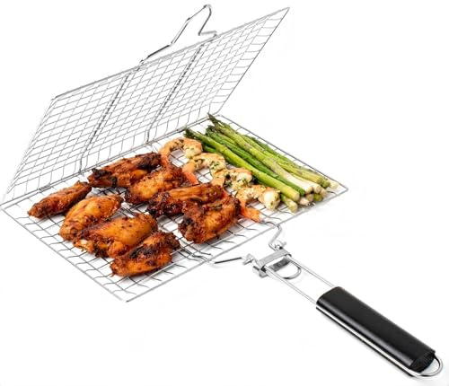 sanbeitang Portable Fish Grill Baskets with Removable Handle, BBQ Grilling Basket, Folding Portable Fish Grilling Rack For Grill, Stainless Steel Grill Basket For Veggies, Shrimp, Meat