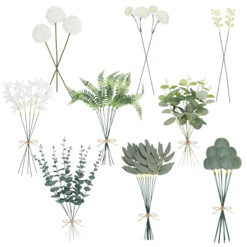 58 Stück Künstliche Zweige & Kunstblumen, Realistische Künstliche Pflanzen | Künstliche Blätter, Weiß Blumen Blätter Künstlich, Gemischte künstliche Eukalyptusstiele, DIY Brautstrauß Hochzeit Tischdeko