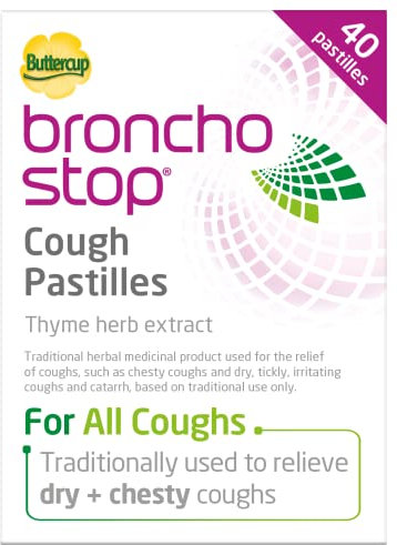 Bronchostop Cough Pastilles (40 Pastilles) - Relief for All Cough Types Including Chesty & Dry Coughs - Non Drowsy Anti Mucus Formula with Traditional Thyme Herb Extract