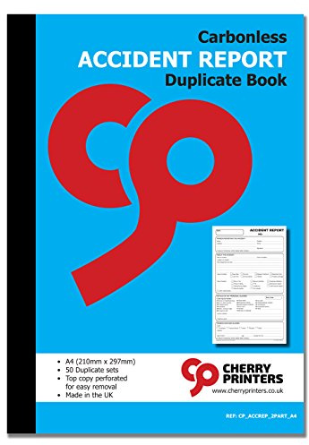 Cherry Printers Carbonless Accident Report Duplicate Book A4 | 50 Sets | No Carbon Required | Perforated Top Copy | Made in the UK | Professional Incident Report for Workplace Accidents