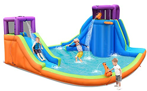 COSTWAY Inflatable Bouncy Castle, Kids Bouncer Jumping Water Park with Double Slides, Water Guns and Basketball Hoop