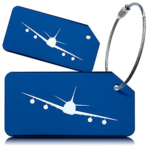Pack of 2 Blue Strong Aluminium Luggage Tags, Secure, Easy to Spot, Privacy, Variety of Colours, Strong Steel Cable