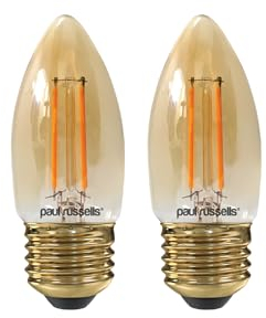 paul russells LED Candle Filament Light – 2.5W 20W Equivalent Replacement, 200LM Lumens, 2200K Extra Warm White, ES E27 Edison Screw C35 Bulbs – Energy Saving Non-Dimmable Lamps - 2 Pack