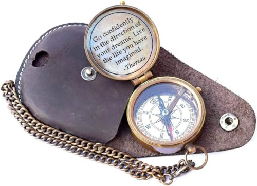 Nautical Replica Hub Gravierbarer Messing-Taschenkompass mit Ledertasche, Pfadfinder- und Camping-Kompass