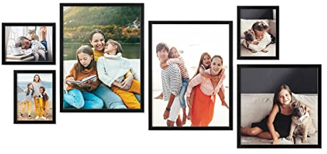 PHOTOLINI schwarze Bilderrahmen Set verschiedene Größen, 6 Bilderrahmen schwarz Holz MDF, Bilder Rahmen mit Acrylglas, No.3 Bilderrahmenset zum Aufhängen, Fotorahmen Set mit Zubehör für Fotos, Poster