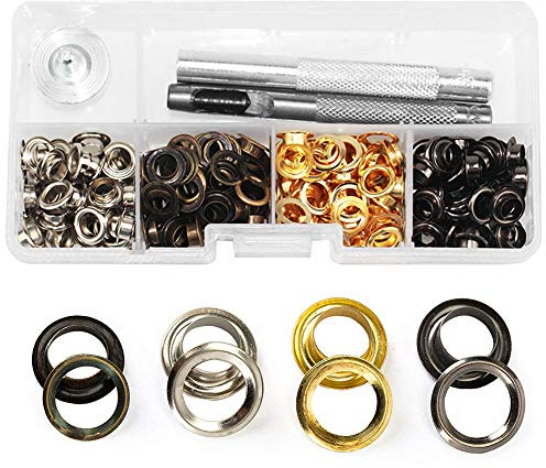Gasea 120 Set Grommets Eyelets Métal 4 Couleurs œillets avec Rondelles 6mm Kit d'Outils à Oeillet Couture Avec 3PCS Grommets Installation Outils Pour Vêtements Réparation Cuir Bricolage Craft