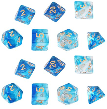 DollaTek Transparent Polyhedral Tärningar Set - 2 x 7 (14 Delar) D20 D12 D10 D8 D6 D4 för DND RPG MTG - Dubbla Färger (Blå)