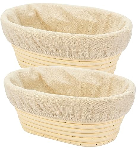 2 PCS 8 inch Oval Long Banneton Brotform Bread Dough Proofing Rising Rattan Basket & Liner for Professional & Home Bakers