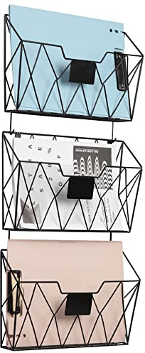 YBING Wandordner, Metall A4 Zeitschriftenhalter Wandhalter, 3 Einzelne Fächer, Dokumenten-Zeitschriftenständer, Wandmontage, Aktenregal mit Haken, Metall-Wandaufbewahrung für Büro, Schwarz