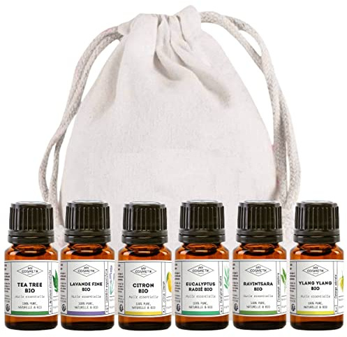 MY COSMETIK - Pack esencial para difusión - Set de 6 aceites esenciales orgánicos - Árbol de té - Lavanda fina - Limón - Eucalipto radiata - Ravintsara - Ylang Ylang - 6 x 5 ml + bolsita 100% algodón