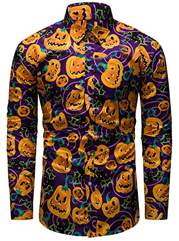 fohemr Hommes Halloween Chemise Manches Longues Slim - fit Casual Shirt Citrouille Motif drôle drôle drôle Chemise Violet XX-Large