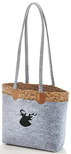 Kobolo Tasche aus Filz und Wasserhyazinthe - Hirsch - grau - 35x15x30 cm