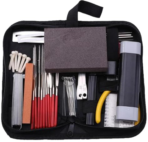 45 Stück Gitarren Reparatur Wartungs Tool Kit, 3,9x2,8x1 Zoll luthier Pflege Messung Wartung Zubehör Anpassung Polierdatei String Organizer für Ukulele Bass Banjo, Geschenk für Musiker Enthusiasten
