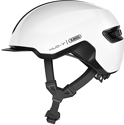 ABUS Urban Helm HUD-Y - mit magnetischem, aufladbarem LED-Rücklicht & Magnetverschluss - cooler Fahrradhelm für den Alltag - Damen und Herren - Weiß Glänzend, Größe L, L (57-61 cm)