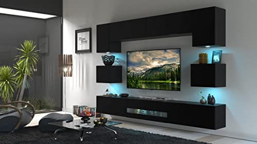 Furnitech Wohnwand Wohnzimmer - Hängend Wohnwand Modern - Wohnzimmer Schrankwand mit Regale und TV Schrank - Wohnzimmer Möbel ohne LED (Besta DAN1-17B-M7-1B Matt)