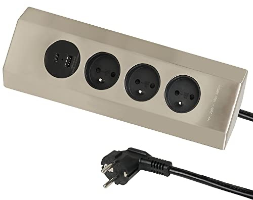 Electraline 35458 Steckdosenleiste für die Küche, Ecksteckdose aus Edelstahl, einfach an der Wand zu befestigen, mit 3 Steckdosen französischer Norm 16 A + 2 USB-Ports 3,1 A (1 Typ A und 1 Typ C) 15,5