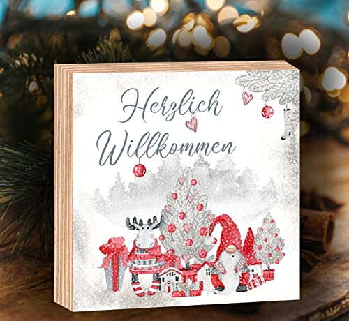 Holzbild Frohe Weihnachten Herzlich Willommen Gnome Merry Christmas Wasserfarben 15x15x2cm zum Hinstellen/Aufhängen 3D, echter Fotodirektdruck auf beschichtetes Birkenholz (Herzlich Willkommen)
