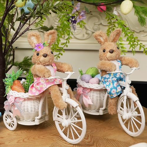 Juegoal Set of 2 Easter Tabletop Decorations Bunny Couple, 10 Rabbits Ride Bike, Cute Animal Figurine Gift, Easter Basket Filler Spring Home Kitchen Room Ornament
