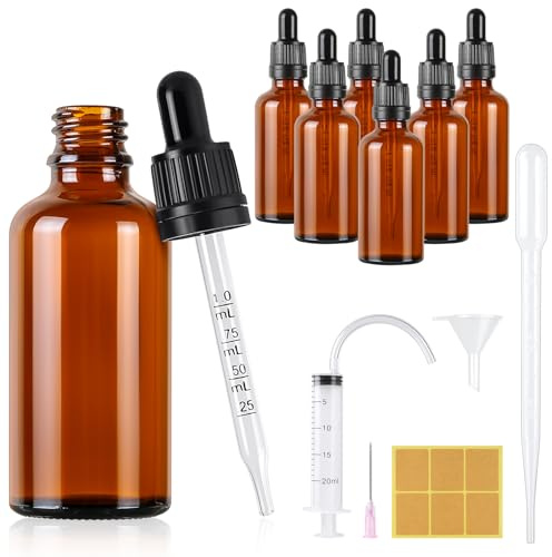 Furuising 6 Stück Pipettenflasche 50ml, Apothekerflasche mit Pipette, Wiederverwendbar Glas Tropfflasche Glasflaschen Braunglasflasche mit 3ml Bürette, Spritze für Ätherische Öl Aromatherapie