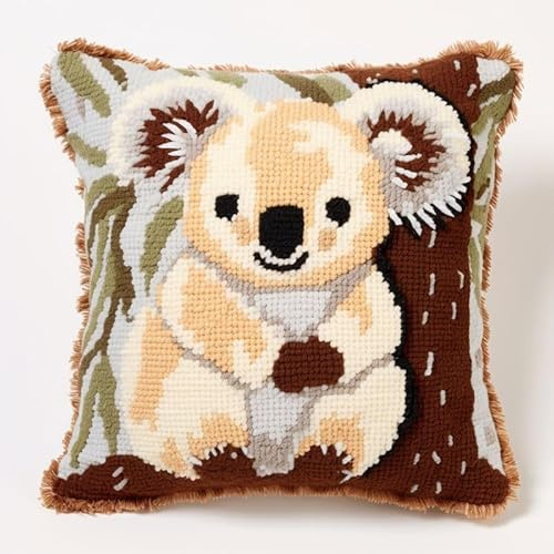 Kit de crochet beige koala pour housse de coussin, tapis à faire soi-même, kit de fabrication de coussins avec motif imprimé, housse de coussin, housse de coussin pour décoration de Noël, 43 x 43 cm